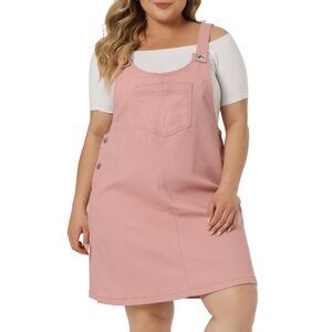 Plus Size Denim Suspenders Skirt Overall Bib Dress Pockets Jean Overalls Pink
